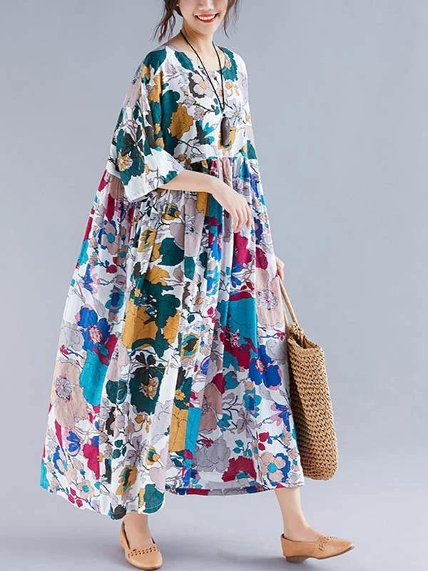 Natural Cotton Clothes O Neck Cinched Maxi Dress