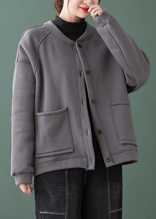 Natural Gray Fine Coat for Woman Gifts O Neck Button Down Coats