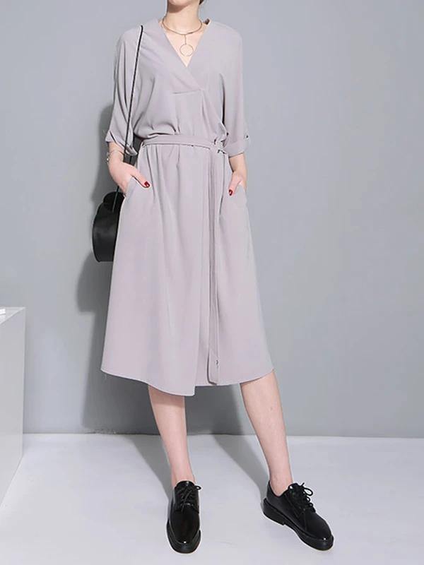 Natural Gray Cotton Quilting Clothes V Neck Tie Waist Loose Dresses