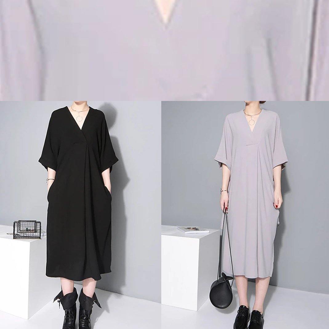 Natural Gray Cotton Quilting Clothes V Neck Tie Waist Loose Dresses