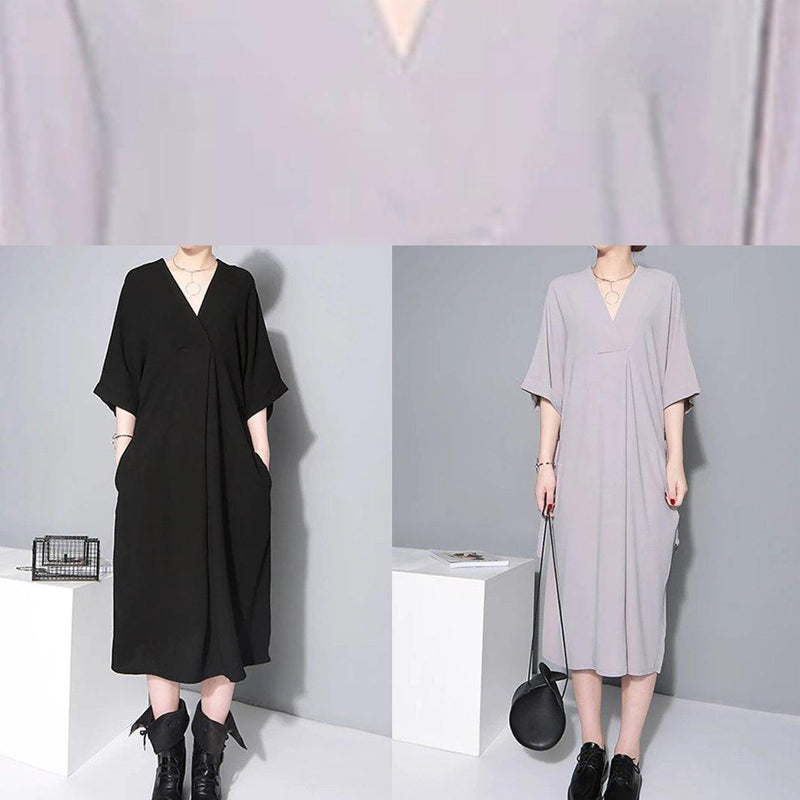 Natural Gray Cotton Quilting Clothes V Neck Tie Waist Loose Dresses