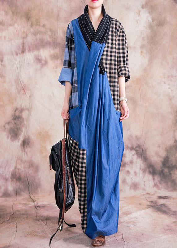Natural Gray Plaid Linen Cotton Dress V Neck Cinched Long Fall Dress