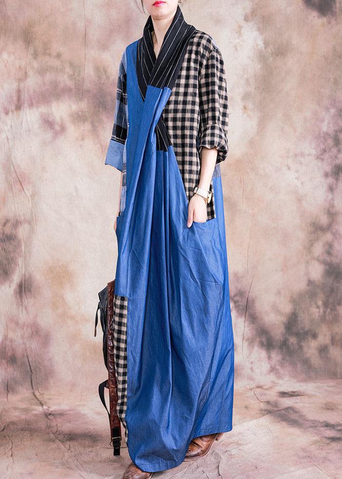 Natural Gray Plaid Linen Cotton Dress V Neck Cinched Long Fall Dress