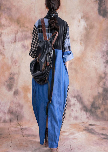 Natural Gray Plaid Linen Cotton Dress V Neck Cinched Long Fall Dress