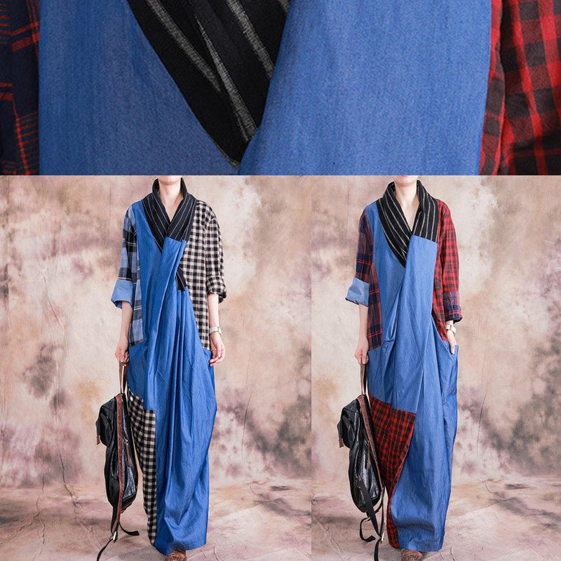 Natural Gray Plaid Linen Cotton Dress V Neck Cinched Long Fall Dress