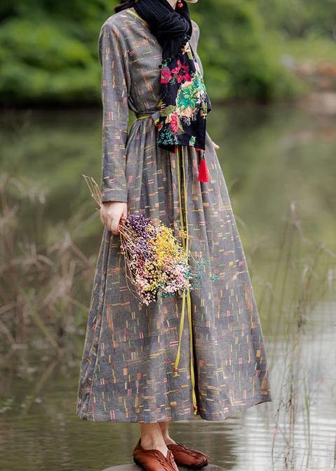 Natural Gray Print Dress V Neck Pockets Spring Dress