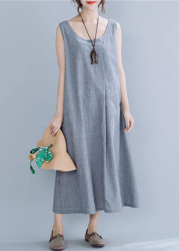 Natural Gray Striped Linen Cotton Quilting Clothes O Neck Sleeveless Maxi Summer Dress