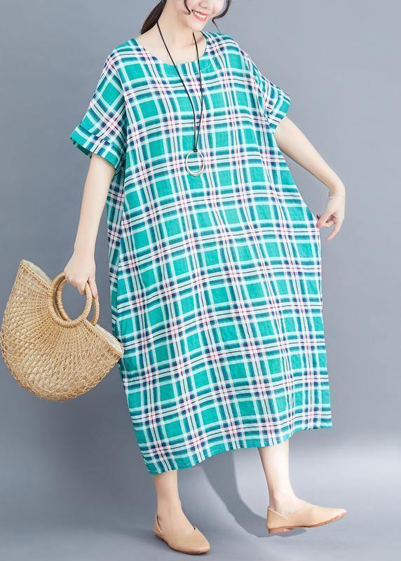 Natural Green Cotton Clothes Sleeve Plaid Clothing Summer Dress