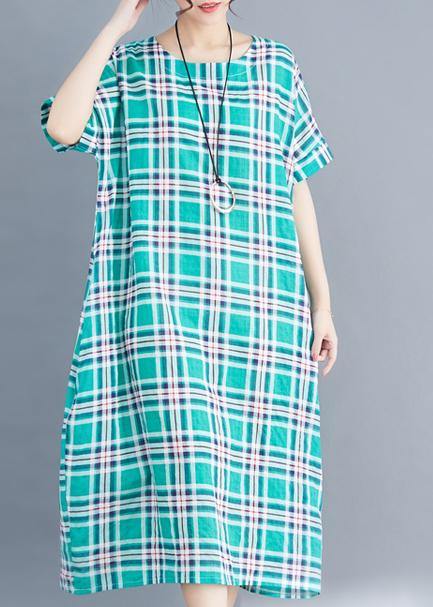 Natural Green Cotton Clothes Sleeve Plaid Clothing Summer Dress