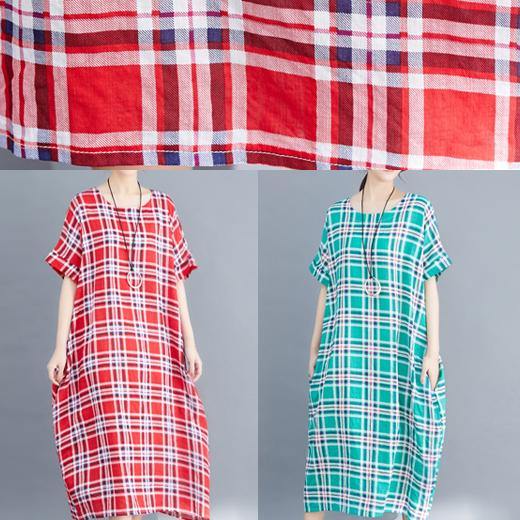 Natural Green Cotton Clothes Sleeve Plaid Clothing Summer Dress