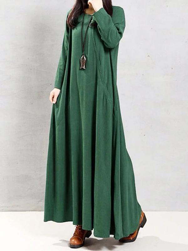 Natural Green Linen Clothes O Neck Patchwork Robe Spring Dress