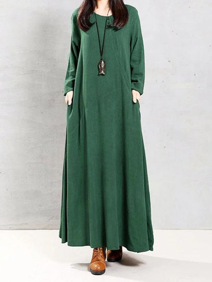 Natural Green Linen Clothes O Neck Patchwork Robe Spring Dress