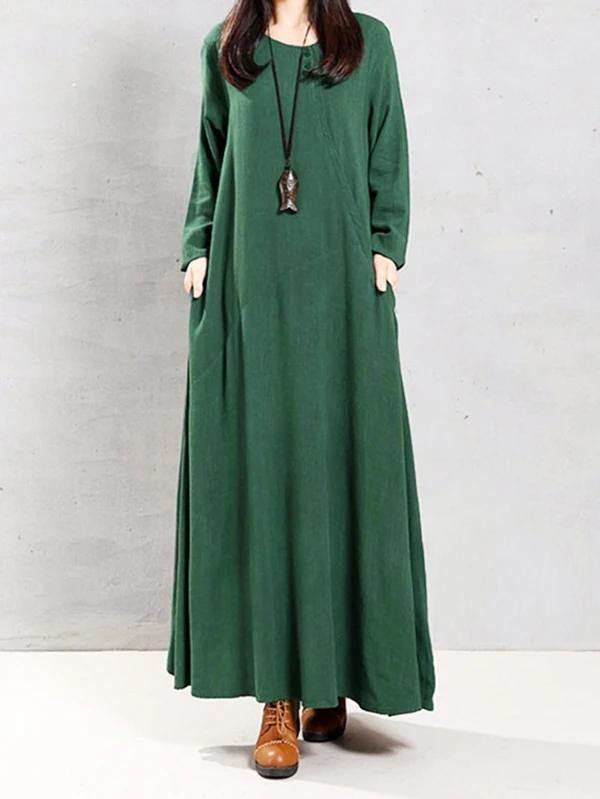 Natural Green Linen Clothes O Neck Patchwork Robe Spring Dress