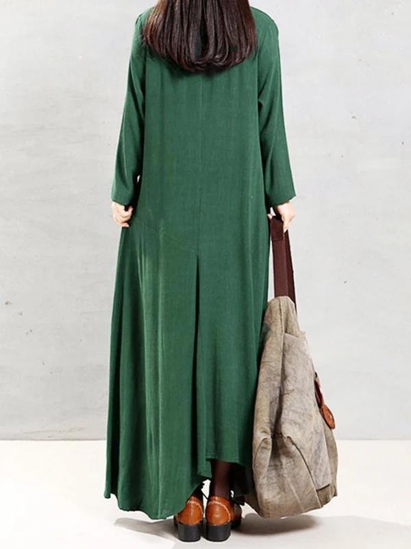 Natural Green Linen Clothes O Neck Patchwork Robe Spring Dress