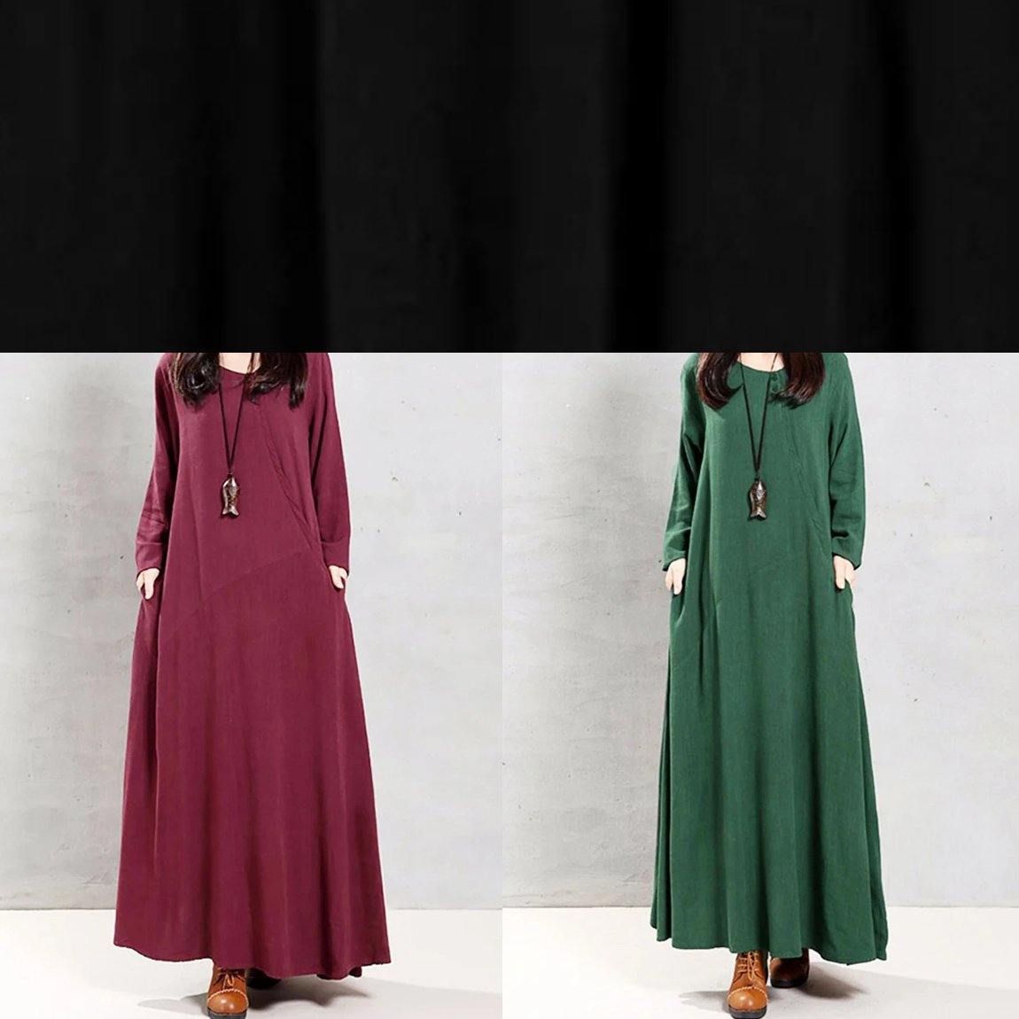Natural Green Linen Clothes O Neck Patchwork Robe Spring Dress