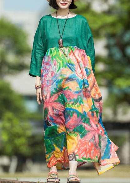 Natural Green Print Linen Clothes for O Neck Patchwork Kaftan Summer Dress