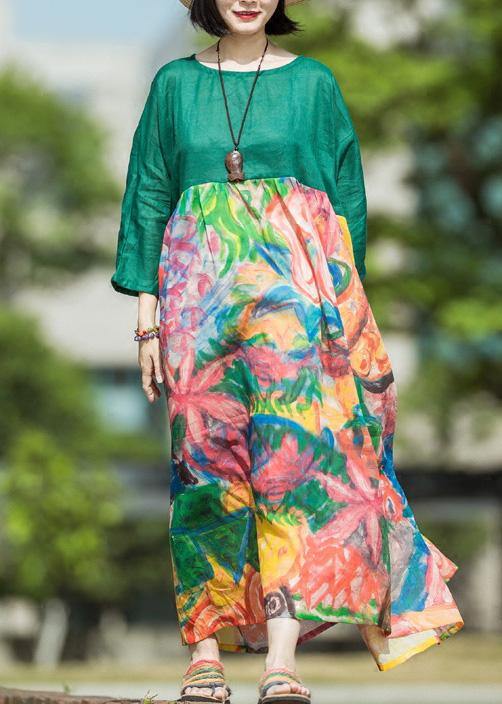 Natural Green Print Linen Clothes for O Neck Patchwork Kaftan Summer Dress