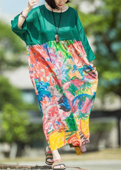 Natural Green Print Linen Clothes for O Neck Patchwork Kaftan Summer Dress
