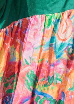 Natural Green Print Linen Clothes for O Neck Patchwork Kaftan Summer Dress