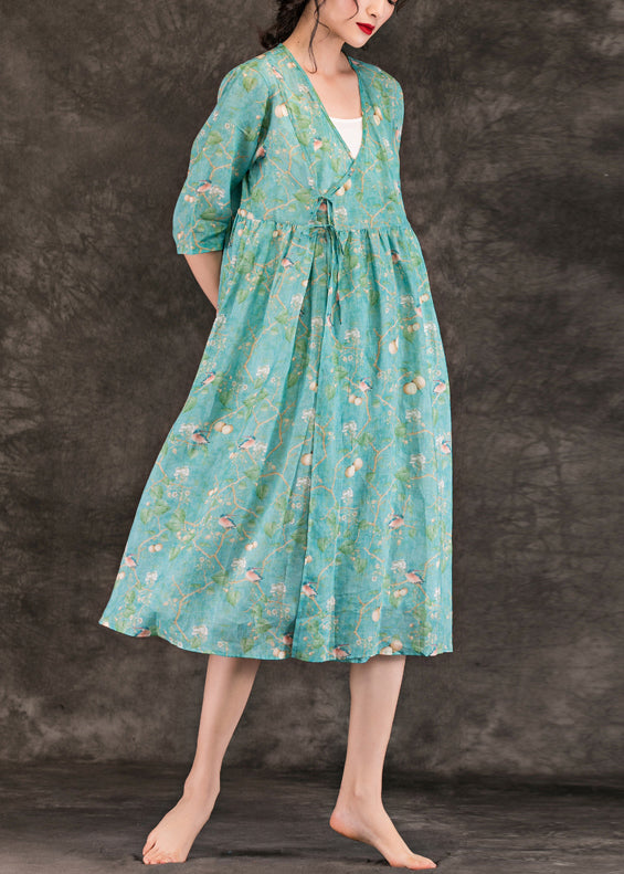 Natural Green Print Linen Clothes Stylish Neckline V Neck Tie Waist Knee Summer Dresses