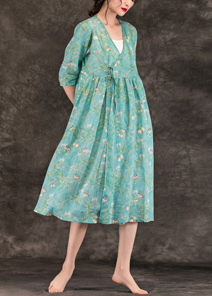 Natural Green Print Linen Clothes Stylish Neckline V Neck Tie Waist Knee Summer Dresses