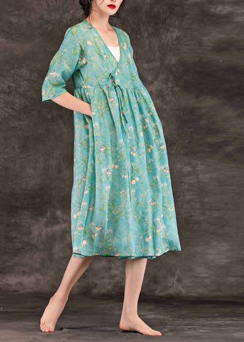 Natural Green Print Linen Clothes Stylish Neckline V Neck Tie Waist Knee Summer Dresses