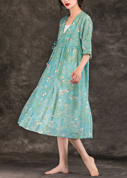 Natural Green Print Linen Clothes Stylish Neckline V Neck Tie Waist Knee Summer Dresses
