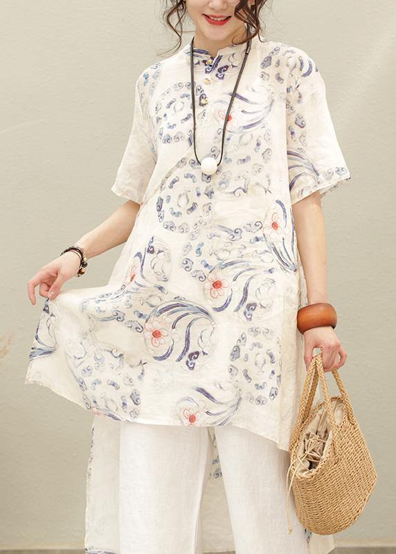 Natural Green Print Linen Linen Tops Blouses Stand Collar Asymmetric Silhouette Tops