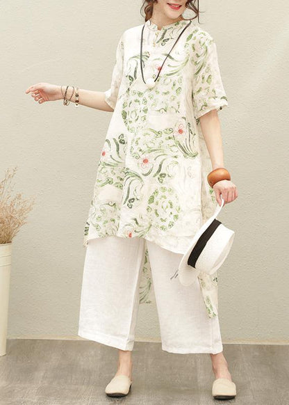 Natural Green Print Linen Linen Tops Blouses Stand Collar Asymmetric Silhouette Tops
