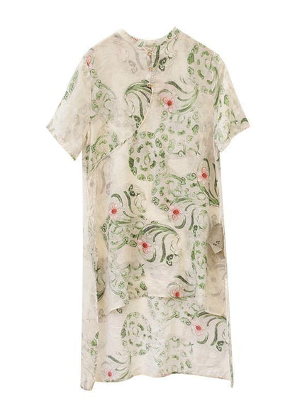 Natural Green Print Linen Linen Tops Blouses Stand Collar Asymmetric Silhouette Tops