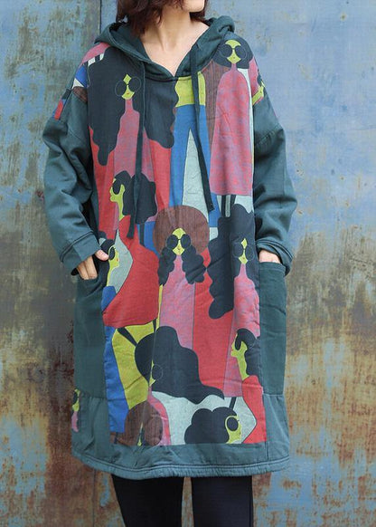 Natural Green Prints Cotton Tunics for Patchwork Long Hooded Dress