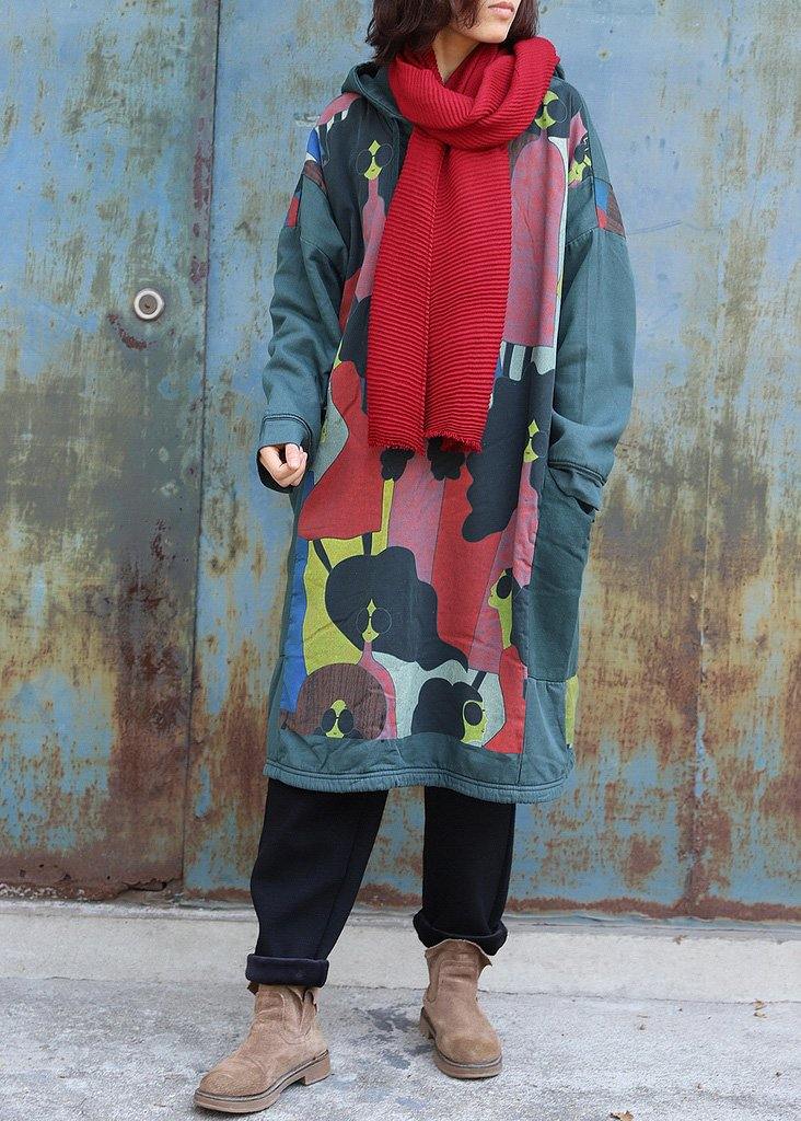Natural Green Prints Cotton Tunics for Patchwork Long Hooded Dress