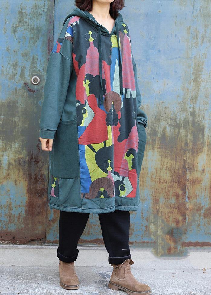 Natural Green Prints Cotton Tunics for Patchwork Long Hooded Dress