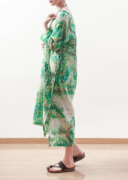 Natural Green Prints Linen Clothes Outfits V Neck Maxi Summer Dress