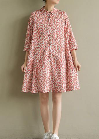 Natural Half Sleeve Lapel Chiffon Long Shirts Work Red Print Dress Summer