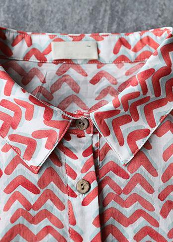 Natural Half Sleeve Lapel Chiffon Long Shirts Work Red Print Dress Summer
