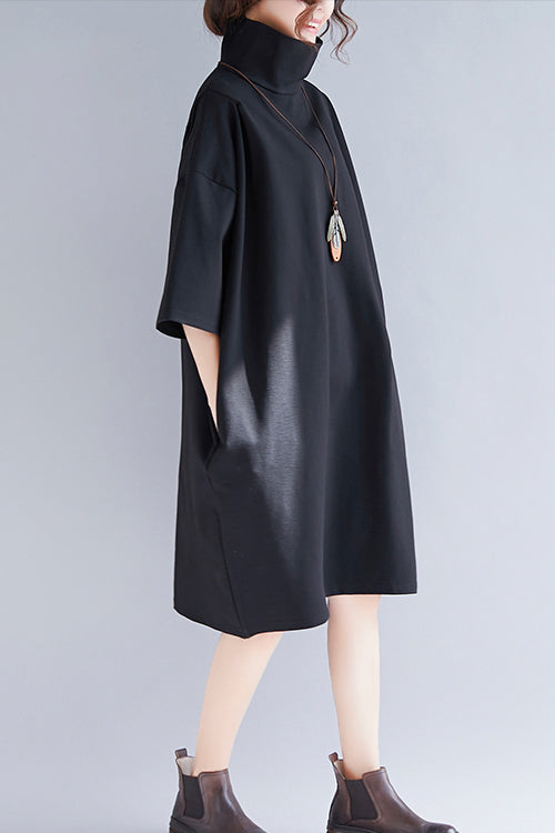 Natural High Neck Half Sleeve Knit Dresses Mom Knit Black Baggy Dress Spring