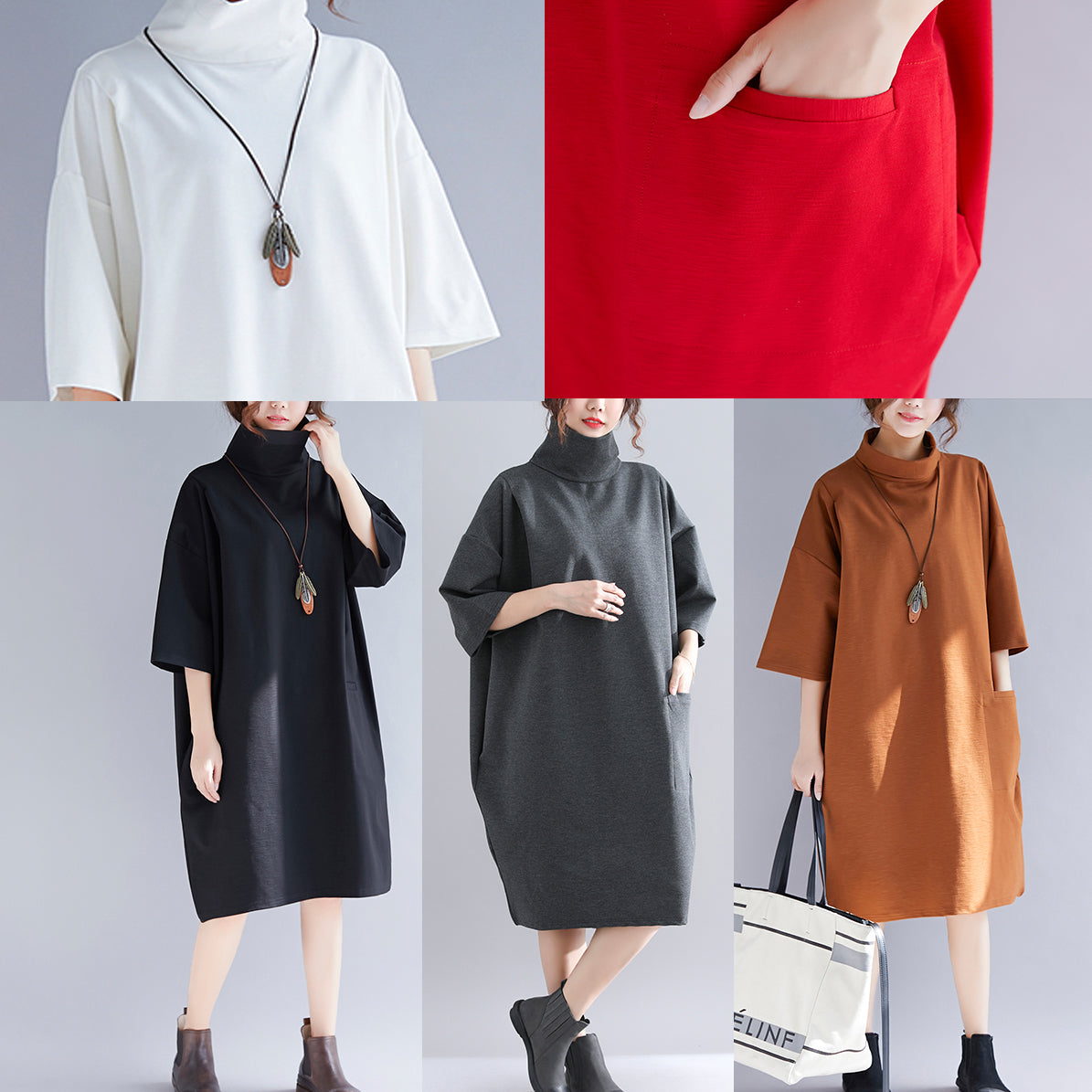 Natural High Neck Half Sleeve Knit Dresses Mom Knit Black Baggy Dress Spring