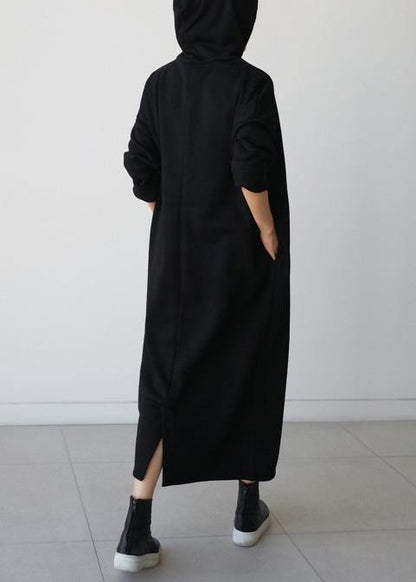 Natural Hooded Batwing Sleeve Cotton Tunics Runway Black Long Dresses