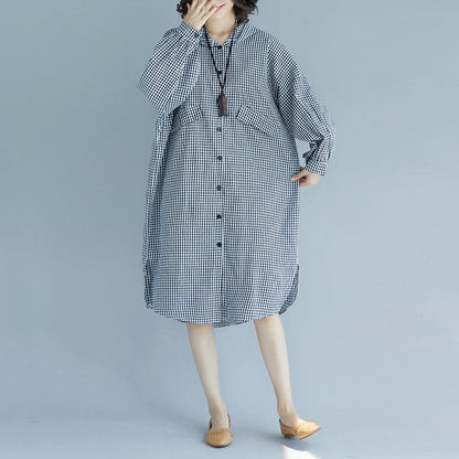 Natural Hooded Cotton Tunics Design Black White Plaid Baggy Dress