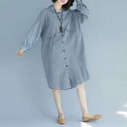 Natural Hooded Cotton Tunics Design Black White Plaid Baggy Dress