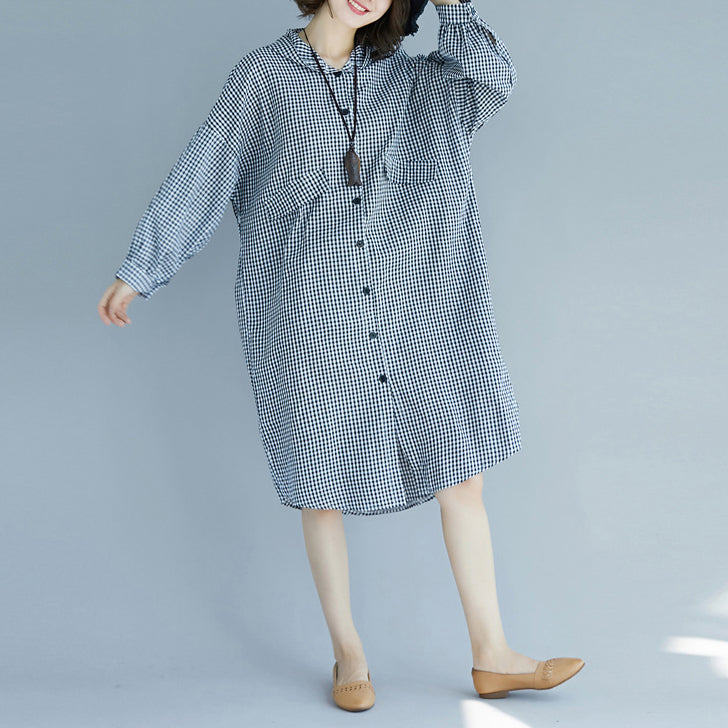 Natural Hooded Cotton Tunics Design Black White Plaid Baggy Dress