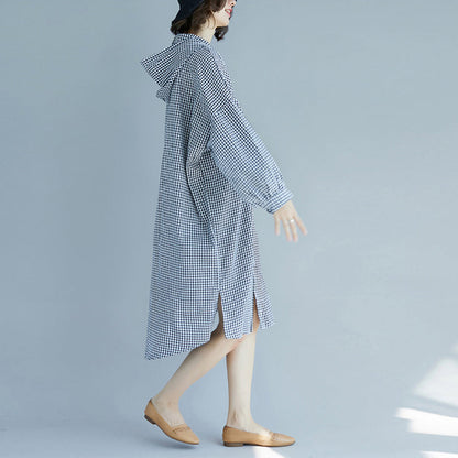 Natural Hooded Cotton Tunics Design Black White Plaid Baggy Dress