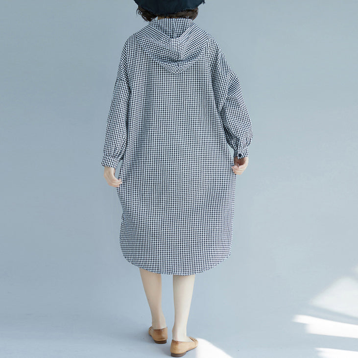 Natural Hooded Cotton Tunics Design Black White Plaid Baggy Dress