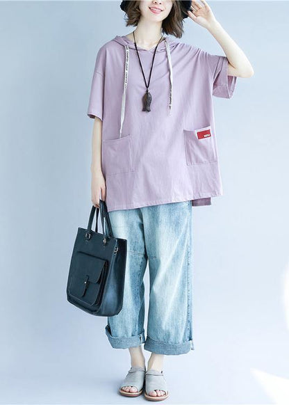 Natural Hooded Pockets Cotton Summer Blouses for Tutorials Purple Blouses