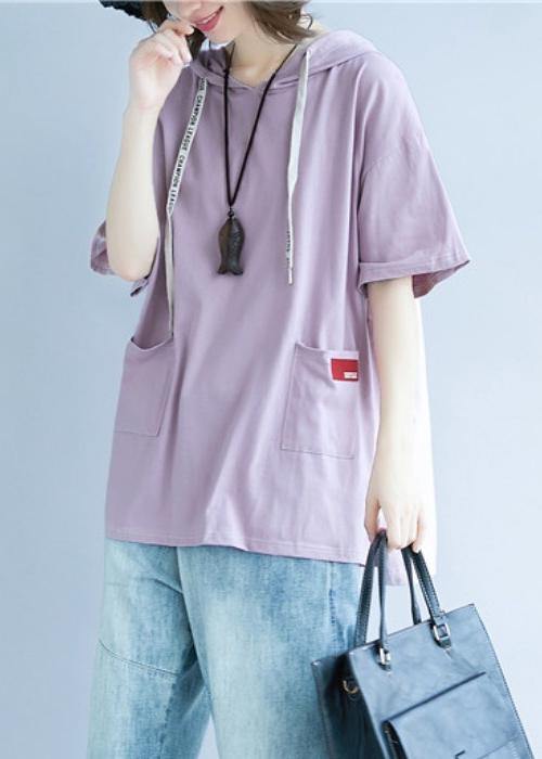 Natural Hooded Pockets Cotton Summer Blouses for Tutorials Purple Blouses