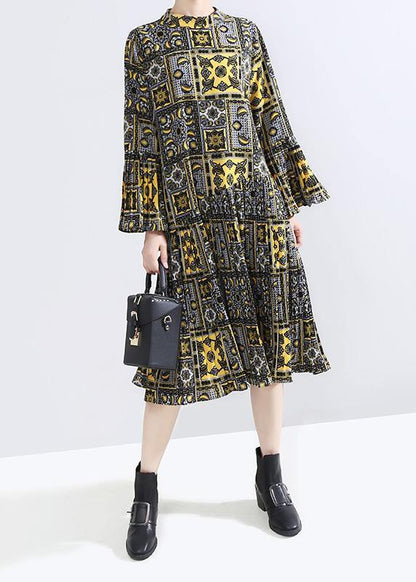 Natural Lantern Sleeve Chiffon Fall Outfit Design Yellow Prints Chiffon Robes Dresses