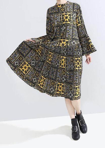 Natural Lantern Sleeve Chiffon Fall Outfit Design Yellow Prints Chiffon Robes Dresses