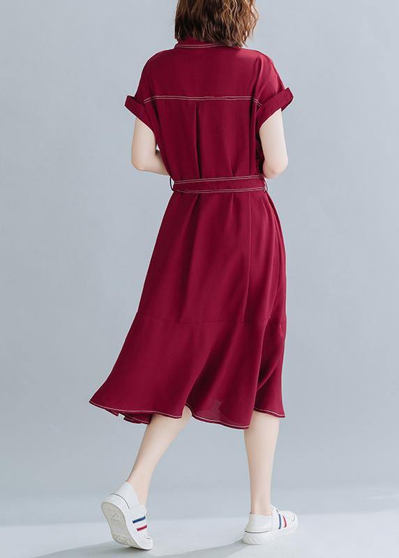 Natural Lapel Ruffles Linen Clothes for Work Red Dresses