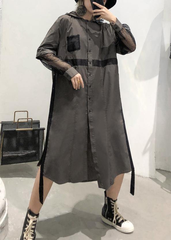 Natural Lapel Collar Patchwork Tulle Cotton Tunic Dress Work Gray Green Traveling Lapel Dress
